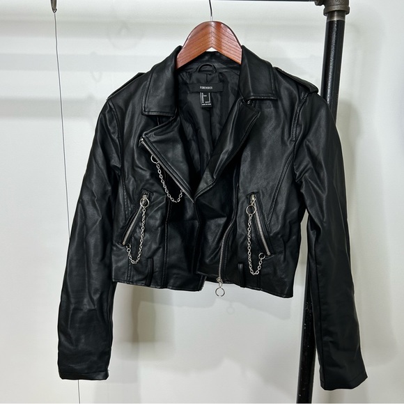 H&M Cropped Faux Leather Biker Jacket with Silver Hardware - Picture 1 of 2